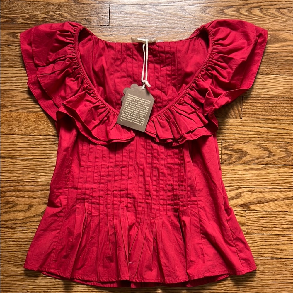 Anthropologie Red Ruffled V-Neck Blouse